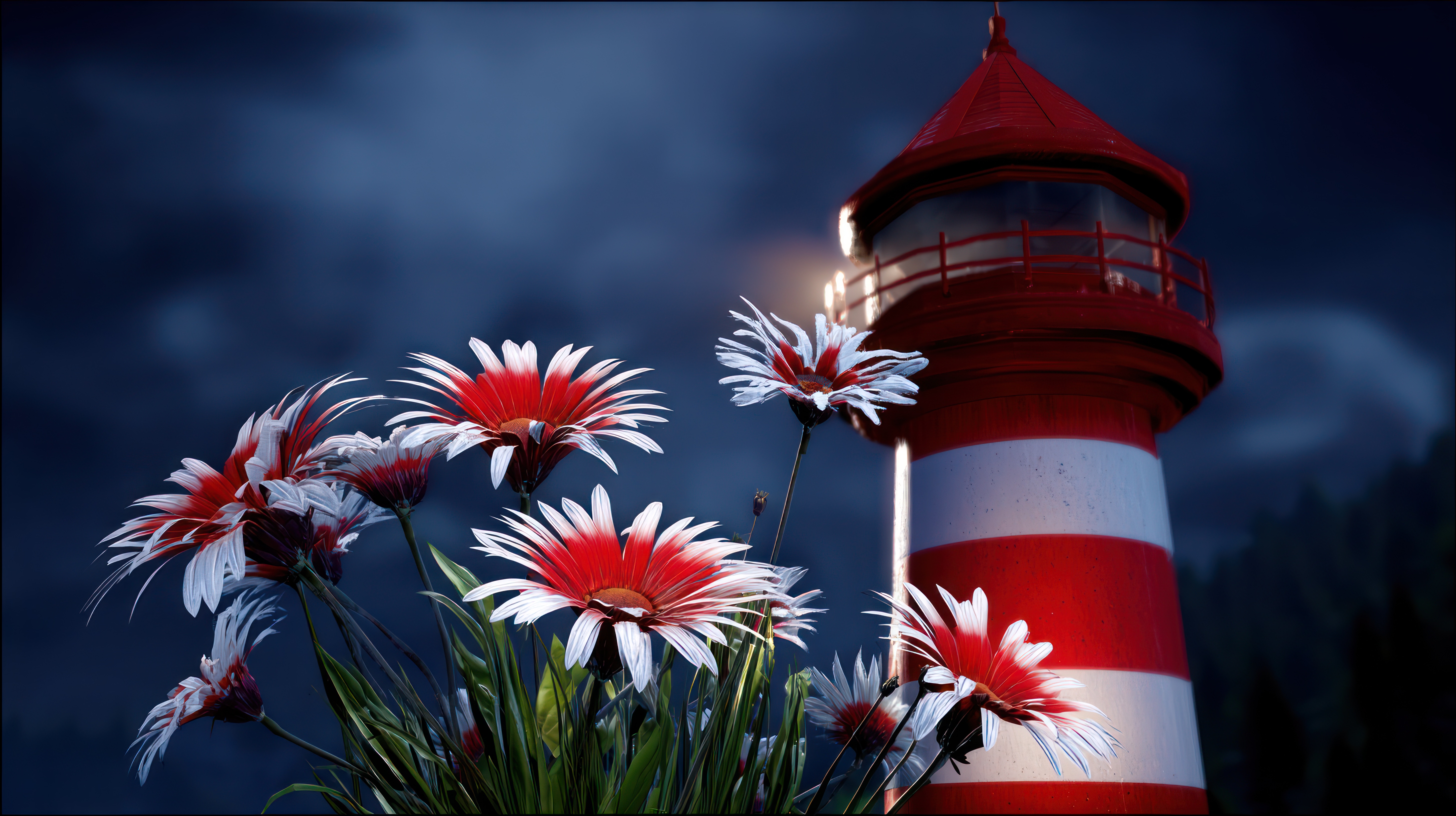 Lighthouse with flowers against cloudy night sky scenic composition